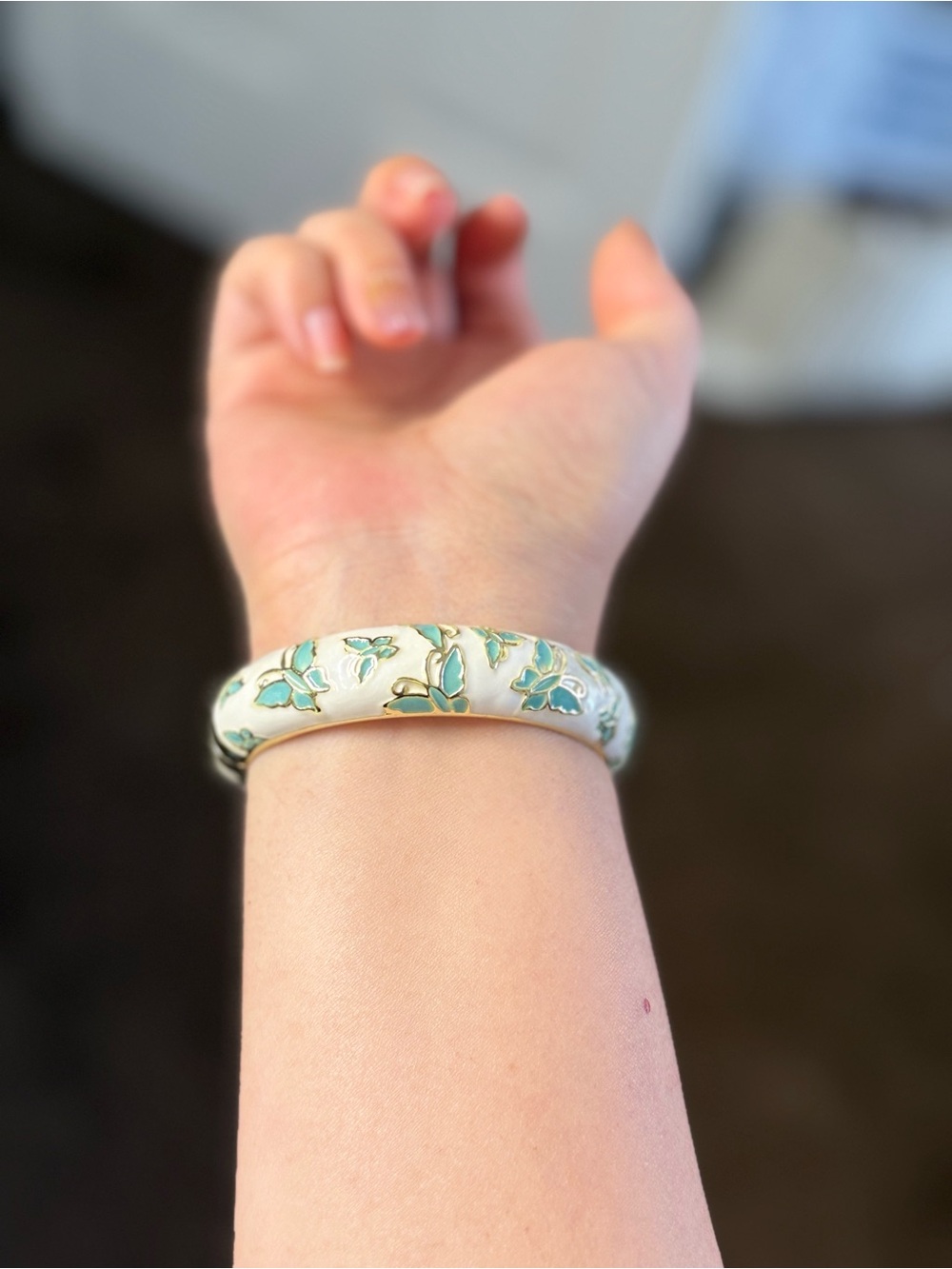 White Enamel Bangle Bracelet with Teal Floral Accents